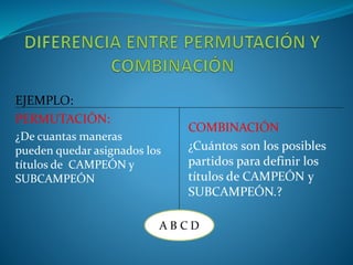 EJEMPLO:
PERMUTACIÓN:
¿De cuantas maneras
pueden quedar asignados los
títulos de CAMPEÓN y
SUBCAMPEÓN