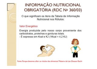 INFORMAÇÃO NUTRICIONAL
OBRIGATÓRIA (RDC No 360/03)
Fonte: Porque devemos olhar os rótulos dos alimentos? Palestra de Liza Ghassan Riachi
 