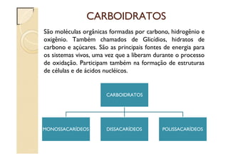 CARBOIDRATOS
São moléculas orgânicas formadas por carbono, hidrogênio e
oxigênio. Também chamados de Glicídios, hidratos de
carbono e açúcares. São as principais fontes de energia para
os sistemas vivos, uma vez que a liberam durante o processo
de oxidação. Participam também na formação de estruturas
de células e de ácidos nucléicos.
CARBOIDRATOS
MONOSSACARÍDEOS DISSACARÍDEOS POLISSACARÍDEOS
 