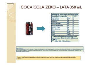 COCA COLA ZERO – LATA 350 mL
Fonte: http://www.comperdelivery.com.br/ch/prod/376490/3687/3693/6602/refrigerante-coca-cola-zero-lata-
350ml.aspx
 