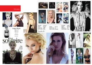 Models




Laura Weyel
  Height: 177 cm
   Bust: 87 cm
   Waist: 61 cm
   Hips: 88 cm
                   Sandra B
    Shoes: 39
   Hair: Blonde

   Eyes: Blue
 