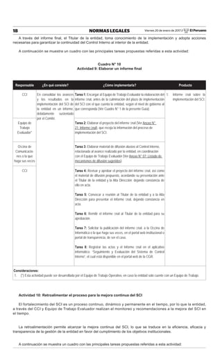 Viernes 20 de enero de 2017 / El Peruano18 NORMAS LEGALES
A través del informe ﬁnal, el Titular de la entidad, toma conocimiento de la implementación y adopta acciones
necesarias para garantizar la continuidad del Control Interno al interior de la entidad.
A continuación se muestra un cuadro con las principales tareas propuestas referidas a esta actividad:
Cuadro N° 10
Actividad 9: Elaborar un informe ﬁnal
Responsable ¿En qué consiste? ¿Cómo implementarla? Producto
CCI En consolidar los avances
y los resultados en la
implementación del SCI de
la entidad en un informe,
debidamente sustentado
por el Comité.
Tarea 1: Encargar al Equipo de Trabajo Evaluador la elaboración del
informe ﬁnal, antes de la culminación del plazo de implementación
del SCI con el que cuenta la entidad, según el nivel de gobierno al
que corresponda (Ver Cuadro N° 1 de la presente Guía).
1. Informe ﬁnal sobre la
implementación del SCI.
Equipo de
Trabajo
Evaluador*
Tarea 2: Elaborar el proyecto del informe ﬁnal (Ver Anexo N°
21: Informe ﬁnal), que recoja la información del proceso de
implementación del SCI.
Oﬁcina de
Comunicacio-
nes o la que
haga sus veces
Tarea 3: Elaborar material de difusión alusivo al Control Interno,
relacionada al avance realizado por la entidad, en coordinación
con el Equipo de Trabajo Evaluador (Ver Anexo N° 07: Listado de
mecanismos de difusión sugeridos).
CCI Tarea 4: Revisar y aprobar el proyecto del informe ﬁnal, así como
el material de difusión propuesto, acordando su presentación ante
el Titular de la entidad y la Alta Dirección; dejando constancia de
ello en acta.
Tarea 5: Convocar a reunión al Titular de la entidad y a la Alta
Dirección para presentar el Informe ﬁnal, dejando constancia en
acta.
Tarea 6: Remitir el informe ﬁnal al Titular de la entidad para su
aprobación.
Tarea 7: Solicitar la publicación del informe ﬁnal, a la Oﬁcina de
Informática o la que haga sus veces, en el portal web institucional o
portal de transparencia, de ser el caso.
Tarea 8: Registrar las actas y el Informe ﬁnal en el aplicativo
informático: “Seguimiento y Evaluación del Sistema de Control
Interno”, el cual está disponible en el portal web de la CGR.
Consideraciones:
1. (*) Esta actividad puede ser desarrollada por el Equipo de Trabajo Operativo, en caso la entidad solo cuente con un Equipo de Trabajo.
Actividad 10: Retroalimentar el proceso para la mejora continua del SCI
El fortalecimiento del SCI es un proceso continuo, dinámico y permanente en el tiempo, por lo que la entidad,
a través del CCI y Equipo de Trabajo Evaluador realizan el monitoreo y recomendaciones a la mejora del SCI en
el tiempo.
La retroalimentación permite alcanzar la mejora continua del SCI, lo que se traduce en la eﬁciencia, eﬁcacia y
transparencia de la gestión de la entidad en favor del cumplimiento de los objetivos institucionales.
A continuación se muestra un cuadro con las principales tareas propuestas referidas a esta actividad:
 