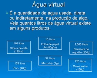 Água virtual É a quantidade de água usada, direta ou indiretamente, na produção de algo. Veja quantos litros de água virtual existe em alguns produtos. 32 litros Microchip (2g) 140 litros Xícara de café (125ml) 10 litros Folha de papel A4 (80g/m) 2.000 litros Camiseta de algodão (250g) 135 litros Ovo  (40g) 720 litros Carne suína (150g) 