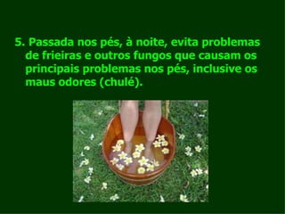 5.   Passada nos pés, à noite, evita problemas de frieiras e outros fungos que causam os principais problemas nos pés, inclusive os maus odores (chulé).   