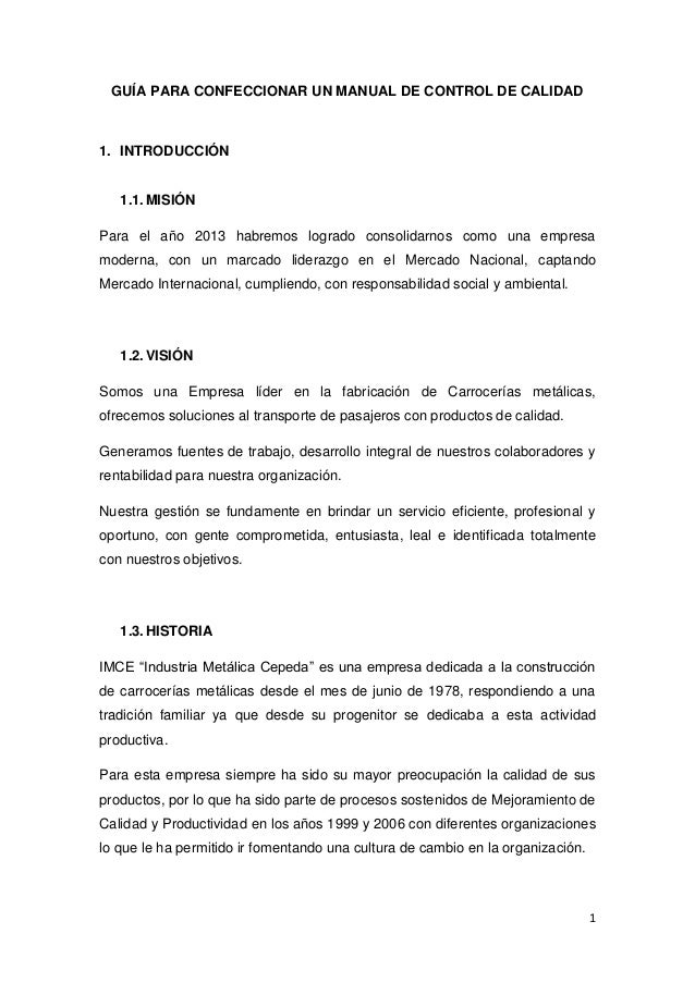 EJEMPLO MANUAL DE CONTROL DE CALIDAD EJEMPLO MANUAL DE CONTROL DE CALIDAD