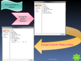 INDICE Vanessa Villacis Para cambiar el relleno Escoger la opción “Relleno” Escoger la opción “Relleno Sólido  