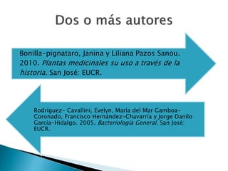 Bonilla-pignataro, Janina y Liliana Pazos Sanou.
2010. Plantas medicinales su uso a través de la
historia. San José: EUCR....