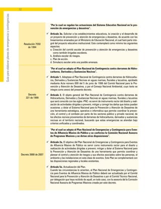 12
Guíaparaelaborarplanesdeemergenciaycontingencias
Resolución 7550
de 1994
Decreto
321 de 1999
Decreto 3888 de 2007
	 “Por la cual se regulan las actuaciones del Sistema Educativo Nacional en la pre-
vención de emergencias y desastres”.
ü	 Artículo 3o. Solicitar a los establecimientos educativos, la creación y el desarrollo de
un proyecto de prevención y atención de emergencias y desastres, de acuerdo con los
lineamientos emanados por el Ministerio de Educación Nacional, el cual hará parte inte-
gral del proyecto educativo institucional. Este contemplará como mínimo los siguientes
aspectos:
	 a.	Creación del comité escolar de prevención y atención de emergencias y desastres
como también brigadas escolares.
	 b.	Análisis escolar de riesgos.
	 c.	Plan de acción.
	 d.	Simulacro escolar ante una posible amenaza.
	 “Por el cual se adopta el Plan Nacional de Contingencia contra derrames de Hidro-
carburos, Derivados y Sustancias Nocivas”.
ü	 Articulo 1. Adoptase el Plan Nacional de Contingencia contra derrames de Hidrocarbu-
ros, Derivados y Sustancias Nocivas en aguas marinas, fluviales y lacustres, aprobado
mediante Acta número 009 del 5 de junio de 1998 del Comité Nacional para la Pre-
vención y Atención de Desastres, y por el Consejo Nacional Ambiental, cuyo texto se
integra como anexo del presente decreto.
ü	 Articulo 2. El objeto general del Plan Nacional de Contingencia contra derrames de
Hidrocarburos, Derivados y Sustancias Nocivas en aguas marinas, fluviales y lacustres
que será conocido con las siglas -PNC- es servir de instrumento rector del diseño y reali-
zación de actividades dirigidas a prevenir, mitigar y corregir los daños que éstos puedan
ocasionar, y dotar al Sistema Nacional para la Prevención y Atención de Desastres de
una herramienta estratégica, operativa e informática que permita coordinar la preven-
ción, el control y el combate por parte de los sectores público y privado nacional, de
los efectos nocivos provenientes de derrames de hidrocarburos, derivados y sustancias
nocivas en el territorio nacional, buscando que estas emergencias se atiendan bajo
criterios unificados y coordinados.
	 “Por el cual se adopta el Plan Nacional de Emergencias y Contingencia para Even-
tos de Afluencia Masiva de Público y se conforma la Comisión Nacional Asesora
de Programas Masivos y se dictan otras disposiciones”.
ü	 Artículo 2o. El objetivo del Plan Nacional de Emergencias y Contingencia para Eventos
de Afluencia Masiva de Público es servir como instrumento rector para el diseño y
realización de actividades dirigidas a prevenir, mitigar y dotar al Sistema Nacional para
la Prevención y Atención de Desastres de una herramienta que permita coordinar y
planear el control y atención de riesgos y sus efectos asociados sobre las personas, el
ambiente y las instalaciones en esta clase de eventos. Este Plan se complementará con
las disposiciones regionales y locales existentes.
ü	 Artículo 5o. Actualización del Plan.
	 Cuando las circunstancias lo ameriten, el Plan Nacional de Emergencias y Contingen-
cia para Eventos de Afluencia Masiva de Público deberá ser actualizado por el Comité
Nacional para la Prevención y Atención de Desastres o por el Comité Técnico Nacional,
por delegación que haya recibido de aquél, en todo caso, con la asesoría del la Comisión
Nacional Asesora de Programas Masivos creada por este decreto.
 