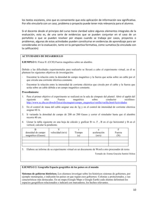 10
los textos escolares, sino que es conveniente que esta aplicación de información sea significativa.
Por ello vincularla con un caso, problema o proyecto puede tener más relevancia para el alumno.
Si el docente desde el principio del curso tiene claridad sobre algunos elementos integrales de la
evaluación, esto es, de una serie de evidencias que se pueden conjuntar en el caso de un
portafolio o que se pueden resolver por etapas cuando se trabaja por casos, proyectos o
problemas, algunas de estas actividades pueden constituirse en evidencias de aprendizaje para ser
consideradas en la evaluación, tanto en la perspectiva formativa, como sumativa (la vinculada con
la calificación)
ACTIVIDADES DE DESARROLLO
EJEMPLO 1: Física II. (CCH) Fuerza magnética sobre un alambre.
Debido a las dificultades experimentales para realizarlo se llevará a cabo el experimento virtual, en él se
plantean los siguientes objetivos de investigación:
- Encontrar la relación entre la densidad de campo magnético y la fuerza que actúa sobre un cable por el
que circula una corriente eléctrica constante.
- Encontrar la relación entre la intensidad de corriente eléctrica que circula por el cable y la fuerza que
actúa sobre un cable debida a un campo magnético constante.
Procedimiento:
1. Para el primer objetivo el experimento se realizará en la sala de cómputo del plantel. Abrir el applet del
siguiente sitio: Fuerza magnética sobre conductor rectilíneo:
http://www.sc.ehu.es/sbweb/fisica/elecmagnet/campo_magnetico/varilla/varilla.htm#Actividades
2. En el control de masa del cable asignar una de 2g y en el control de intensidad de corriente eléctrica
asignar 60 A.
3. Ir variando la densidad de campo de 200 en 200 Gauss y correr el simulador hasta que el alambre
recorra 40 cm.
4. Llenar la tabla siguiente en una hoja de cálculo y graficar B vs. F , B en el eje horizontal y B en el
vertical, calcular la pendiente.
B
densidad de campo
magnético (Gauss)
V
velocidad (m/s)
t
Tiempo
(s)
a
aceleración
(m/s)
F
Fuerza
(N)
5. Elabore un informe de su experimento virtual en un documento de Word u otro procesador de texto.
Tomado de: Emma Graciela Santini Ochoa
EJEMPLO 2: Geografía Espacio geográfico de los países en el mundo
Sistemas de gobierno históricos. Los alumnos investigar sobre los históricos sistemas de gobiernos, por
ejemplo monarquías, e indicarán los países en que regían esos gobiernos. Colonias y protectorados, y sus
características más destacadas. En un mapa (Google Maps o Google Earth) cada alumno delimitará los
espacios geográficos relacionados e indicará con marcadores, los hechos relevantes.
 