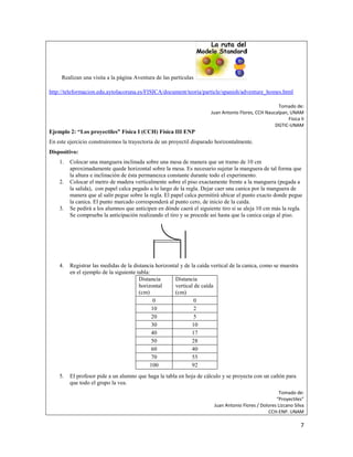 7
Realizan una visita a la página Aventura de las partículas
http://teleformacion.edu.aytolacoruna.es/FISICA/document/teoria/particle/spanish/adventure_homes.html
Tomado de:
Juan Antonio Flores, CCH Naucalpan, UNAM
Física II
DGTIC-UNAM
Ejemplo 2: “Los proyectiles” Física I (CCH) Física III ENP
En este ejercicio construiremos la trayectoria de un proyectil disparado horizontalmente.
Dispositivo:
1. Colocar una manguera inclinada sobre una mesa de manera que un tramo de 10 cm
aproximadamente quede horizontal sobre la mesa. Es necesario sujetar la manguera de tal forma que
la altura e inclinación de ésta permanezca constante durante todo el experimento.
2. Colocar el metro de madera verticalmente sobre el piso exactamente frente a la manguera (pegada a
la salida), con papel calca pegado a lo largo de la regla. Dejar caer una canica por la manguera de
manera que al salir pegue sobre la regla. El papel calca permitirá ubicar el punto exacto donde pegue
la canica. El punto marcado corresponderá al punto cero, de inicio de la caída.
3. Se pedirá a los alumnos que anticipen en dónde caerá el siguiente tiro si se aleja 10 cm más la regla.
Se comprueba la anticipación realizando el tiro y se procede así hasta que la canica caiga al piso.
4. Registrar las medidas de la distancia horizontal y de la caída vertical de la canica, como se muestra
en el ejemplo de la siguiente tabla:
Distancia
horizontal
(cm)
Distancia
vertical de caída
(cm)
0 0
10 2
20 5
30 10
40 17
50 28
60 40
70 55
100 92
5. El profesor pide a un alumno que haga la tabla en hoja de cálculo y se proyecta con un cañón para
que todo el grupo la vea.
Tomado de:
“Proyectiles”
Juan Antonio Flores / Dolores Lizcano Silva
CCH-ENP. UNAM
 