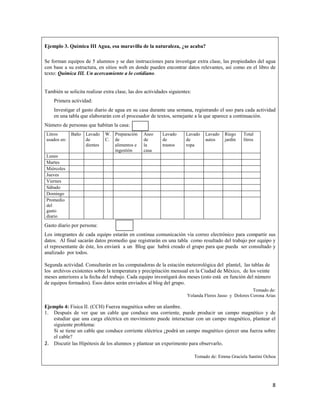 8
Ejemplo 3. Química III Agua, esa maravilla de la naturaleza, ¿se acaba?
Se forman equipos de 5 alumnos y se dan instrucciones para investigar extra clase, las propiedades del agua
con base a su estructura, en sitios web en donde pueden encontrar datos relevantes, así como en el libro de
texto: Química III. Un acercamiento a lo cotidiano.
También se solicita realizar extra clase, las dos actividades siguientes:
Primera actividad:
Investigar el gasto diario de agua en su casa durante una semana, registrando el uso para cada actividad
en una tabla que elaborarán con el procesador de textos, semejante a la que aparece a continuación.
Número de personas que habitan la casa:
Litros
usados en:
Baño Lavado
de
dientes
W.
C.
Preparación
de
alimentos e
ingestión
Aseo
de
la
casa
Lavado
de
trastos
Lavado
de
ropa
Lavado
autos
Riego
jardín
Total
litros
Lunes
Martes
Miércoles
Jueves
Viernes
Sábado
Domingo
Promedio
del
gasto
diario
Gasto diario por persona:
Los integrantes de cada equipo estarán en continua comunicación vía correo electrónico para compartir sus
datos. Al final sacarán datos promedio que registrarán en una tabla como resultado del trabajo por equipo y
el representante de éste, los enviará a un Blog que habrá creado el grupo para que pueda ser consultado y
analizado por todos.
Segunda actividad. Consultarán en las computadoras de la estación meteorológica del plantel, las tablas de
los archivos existentes sobre la temperatura y precipitación mensual en la Ciudad de México, de los veinte
meses anteriores a la fecha del trabajo. Cada equipo investigará dos meses (esto está en función del número
de equipos formados). Esos datos serán enviados al blog del grupo.
Tomado de:
Yolanda Flores Jasso y Dolores Corona Arias
Ejemplo 4: Física II. (CCH) Fuerza magnética sobre un alambre.
1. Después de ver que un cable que conduce una corriente, puede producir un campo magnético y de
estudiar que una carga eléctrica en movimiento puede interactuar con un campo magnético, plantear el
siguiente problema:
Si se tiene un cable que conduce corriente eléctrica ¿podrá un campo magnético ejercer una fuerza sobre
el cable?
2. Discutir las Hipótesis de los alumnos y plantear un experimento para observarlo.
Tomado de: Emma Graciela Santini Ochoa
 