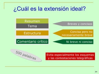 ¿Cuál es la extensión ideal?

     Resumen
                                 Breves y concisos
       Tema
                                 Concisa pero no
     Estructura
                            necesariamente breve

 Comentario crítico             Ni breve ni conciso


500
    pala          Evita especialmente los esquemas
         bra
            s      y las contestaciones telegráficas



                                                       34
 
