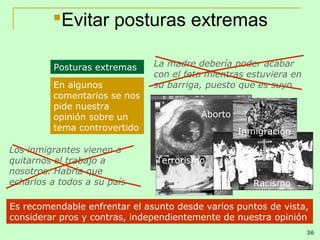 Evitar posturas extremas

         Posturas extremas     La madre debería poder acabar
                               con el feto mientras estuviera en
         En algunos            su barriga, puesto que es suyo
         comentarios se nos
         pide nuestra
         opinión sobre un                Aborto
         tema controvertido                       Inmigración

Los inmigrantes vienen a
quitarnos el trabajo a         Terrorismo
nosotros. Habría que
echarlos a todos a su país                           Racismo

Es recomendable enfrentar el asunto desde varios puntos de vista,
considerar pros y contras, independientemente de nuestra opinión
                                                                   36
 