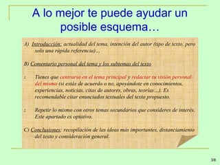 A lo mejor te puede ayudar un
          posible esquema…
A) Introducción: actualidad del tema, intención del autor (tipo de texto, pero
    solo una rápida referencia)…

B) Comentario personal del tema y los subtemas del texto

1.   Tienes que centrarse en el tema principal y redactar tu visión personal
     del mismo (si estás de acuerdo o no, apoyándote en conocimientos,
     experiencias, noticias, citas de autores, obras, teorías…). Es
     recomendable citar enunciados textuales del texto propuesto.

2.   Repetir lo mismo con otros temas secundarios que consideres de interés.
     Este apartado es optativo.

C) Conclusiones: recopilación de las ideas más importantes, distanciamiento
    del texto y consideración general.



                                                                                 38
 