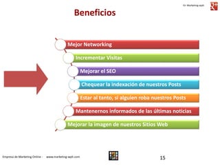G+ Marketing-wph

Beneficios
Mejor Networking
Incrementar Visitas
Mejorar el SEO
Chequear la indexación de nuestros Posts

Estar al tanto, si alguien roba nuestros Posts
Mantenernos informados de las últimas noticias
Mejorar la imagen de nuestros Sitios Web

Empresa de Marketing Online -

www.marketing-wph.com

15

 