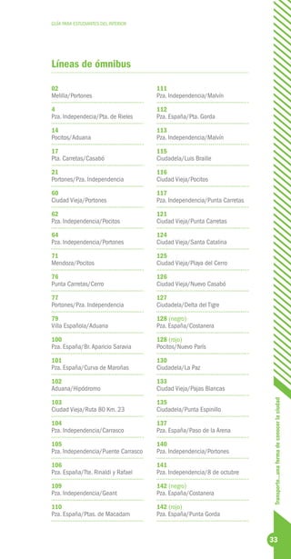 GUÍA PARA ESTUDIANTES DEL INTERIOR




Líneas de ómnibus

02                                   111
Melilla/Portones                     Pza. Independencia/Malvín

4                                    112
Pza. Independecia/Pta. de Rieles     Pza. España/Pta. Gorda

14                                   113
Pocitos/Aduana                       Pza. Independencia/Malvín

17                                   115
Pta. Carretas/Casabó                 Ciudadela/Luis Braille

21                                   116
Portones/Pza. Independencia          Ciudad Vieja/Pocitos

60                                   117
Ciudad Vieja/Portones                Pza. Independencia/Punta Carretas

62                                   121
Pza. Independencia/Pocitos           Ciudad Vieja/Punta Carretas

64                                   124
Pza. Independencia/Portones          Ciudad Vieja/Santa Catalina

71                                   125
Mendoza/Pocitos                      Ciudad Vieja/Playa del Cerro

76                                   126
Punta Carretas/Cerro                 Ciudad Vieja/Nuevo Casabó

77                                   127
Portones/Pza. Independencia          Ciudadela/Delta del Tigre

79                                   128 (negro)
Villa Española/Aduana                Pza. España/Costanera

100                                  128 (rojo)
Pza. España/Br. Aparicio Saravia     Pocitos/Nuevo París

101                                  130
Pza. España/Curva de Maroñas         Ciudadela/La Paz

102                                  133
Aduana/Hipódromo                     Ciudad Vieja/Pajas Blancas
                                                                          Transporte...una forma de conocer la ciudad




103                                  135
Ciudad Vieja/Ruta 80 Km. 23          Ciudadela/Punta Espinillo

104                                  137
Pza. Independencia/Carrasco          Pza. España/Paso de la Arena

105                                  140
Pza. Independencia/Puente Carrasco   Pza. Independencia/Portones

106                                  141
Pza. España/Tte. Rinaldi y Rafael    Pza. Independencia/8 de octubre

109                                  142 (negro)
Pza. Independencia/Geant             Pza. España/Costanera

110                                  142 (rojo)
Pza. España/Ptas. de Macadam         Pza. España/Punta Gorda


                                                                         33
 