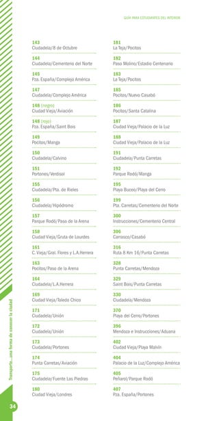 GUÍA PARA ESTUDIANTES DEL INTERIOR




                                              143                                   181
                                              Ciudadela/8 de Octubre                La Teja/Pocitos

                                              144                                   182
                                              Ciudadela/Cementerio del Norte        Paso Molino/Estadio Centenario

                                              145                                   183
                                              Pza. España/Complejo América          La Teja/Pocitos

                                              147                                   185
                                              Ciudadela/Complejo América            Pocitos/Nuevo Casabó

                                              148 (negro)                           186
                                              Ciudad Vieja/Aviación                 Pocitos/Santa Catalina

                                              148 (rojo)                            187
                                              Pza. España/Saint Bois                Ciudad Vieja/Palacio de la Luz

                                              149                                   188
                                              Pocitos/Manga                         Ciudad Vieja/Palacio de la Luz

                                              150                                   191
                                              Ciudadela/Calvino                     Ciudadela/Punta Carretas

                                              151                                   192
                                              Portones/Verdisol                     Parque Rodó/Manga

                                              155                                   195
                                              Ciudadela/Pta. de Rieles              Playa Buceo/Playa del Cerro

                                              156                                   199
                                              Ciudadela/Hipódromo                   Pta. Carretas/Cementerio del Norte

                                              157                                   300
                                              Parque Rodó/Paso de la Arena          Instrucciones/Cementerio Central

                                              158                                   306
                                              Ciudad Vieja/Gruta de Lourdes         Carrasco/Casabó

                                              161                                   316
                                              C. Vieja/Gral. Flores y L.A.Herrera   Ruta 8 Km 16/Punta Carretas

                                              163                                   328
                                              Pocitos/Paso de la Arena              Punta Carretas/Mendoza

                                              164                                   329
                                              Ciudadela/L.A.Herrera                 Saint Bois/Punta Carretas

                                              169                                   330
                                              Ciudad Vieja/Toledo Chico             Ciudadela/Mendoza
Transporte...una forma de conocer la ciudad




                                              171                                   370
                                              Ciudadela/Unión                       Playa del Cerro/Portones

                                              172                                   396
                                              Ciudadela/Unión                       Mendoza e Instrucciones/Aduana

                                              173                                   402
                                              Ciudadela/Portones                    Ciudad Vieja/Playa Malvín

                                              174                                   404
                                              Punta Carretas/Aviación               Palacio de la Luz/Complejo América

                                              175                                   405
                                              Ciudadela/Fuente Las Piedras          Peñarol/Parque Rodó

                                              180                                   407
                                              Ciudad Vieja/Londres                  Pza. España/Portones

              34
 