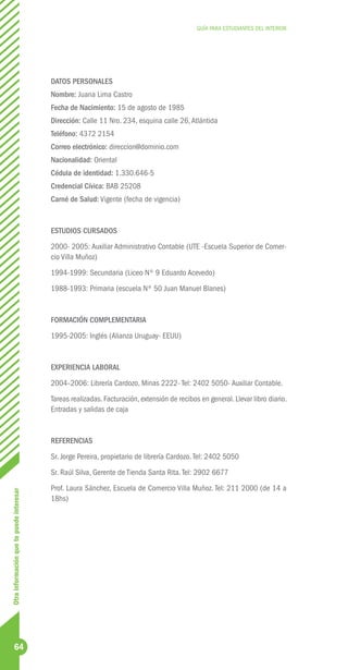 GUÍA PARA ESTUDIANTES DEL INTERIOR




                                          DATOS PERSONALES
                                          Nombre: Juana Lima Castro
                                          Fecha de Nacimiento: 15 de agosto de 1985
                                          Dirección: Calle 11 Nro. 234, esquina calle 26, Atlántida
                                          Teléfono: 4372 2154
                                          Correo electrónico: direccion@dominio.com
                                          Nacionalidad: Oriental
                                          Cédula de identidad: 1.330.646-5
                                          Credencial Cívica: BAB 25208
                                          Carné de Salud: Vigente (fecha de vigencia)


                                          ESTUDIOS CURSADOS
                                          2000- 2005: Auxiliar Administrativo Contable (UTE -Escuela Superior de Comer-
                                          cio Villa Muñoz)
                                          1994-1999: Secundaria (Liceo Nº 9 Eduardo Acevedo)
                                          1988-1993: Primaria (escuela Nº 50 Juan Manuel Blanes)


                                          FORMACIÓN COMPLEMENTARIA
                                          1995-2005: Inglés (Alianza Uruguay- EEUU)


                                          EXPERIENCIA LABORAL
                                          2004–2006: Librería Cardozo, Minas 2222- Tel: 2402 5050- Auxiliar Contable.
                                          Tareas realizadas. Facturación, extensión de recibos en general. Llevar libro diario.
                                          Entradas y salidas de caja


                                          REFERENCIAS
                                          Sr. Jorge Pereira, propietario de librería Cardozo. Tel: 2402 5050
                                          Sr. Raúl Silva, Gerente de Tienda Santa Rita. Tel: 2902 6677
                                          Prof. Laura Sánchez, Escuela de Comercio Villa Muñoz. Tel: 211 2000 (de 14 a
Otra información que te puede interesar




                                          18hs)




          64
 