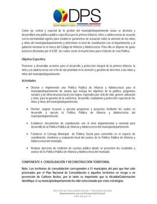  

 

 

Como eje central y especial de la gestión del municipio/departamento xxxxx se diseñará y
desarrollará una política pública específica para la primera infancia, niñez y adolescencia de acuerdo
con la normatividad vigente para establecer parámetros de actuación sobre la atención de los niños
y niñas del municipio/departamento y determinar el nivel de coordinación con el departamento y el
gobierno nacional en el marco del Código de Infancia y Adolescencia. Para ello se dispone de guías
prácticas diseñadas por el ICBF, las cuales serán el insumo base para el diseño de esta Política.

Objetivo Específico

Promover y desarrollar acciones para el desarrollo y protección integral de la primera infancia, la
niñez y la adolescencia con el fin de dar prioridad en la atención y garantía de derechos a las niñas y
niños del municipio/departamento.

Actividades

     Diseñar e implementar una Política Pública de Infancia y Adolescencia para el
      municipio/departamento de xxxxxx que incluya los objetivos de la política, programas
      sociales y de infraestructura local y los logros esperados por ciclo de vida, genero, ubicación
      y etnia, para la garantía de la existencia, desarrollo, ciudadanía y protección especial de los
      niños y niñas del municipio/departamento.

     Diseñar, asignar recursos y ejecutar programas y proyectos mediante los cuales se
      desarrolle y ejecute la Política Pública de Infancia y Adolescencia del
      municipio/departamento.

    • Establecer mecanismos de coordinación con el nivel departamental y nacional para
      desarrollo de la Política Pública de Infancia y Adolescencia del municipio/departamento.

    • Fortalecer el Consejo Municipal de Política Social para convertirlo en el espacio de
      coordinación, monitoreo y evaluación local del avance de la Política Pública de Infancia y
      Adolescencia del municipio.

    • Realizar ejercicios de rendición de cuentas pública donde se presenten los resultados y
      avance de la Política Pública de Infancia y Adolescencia del municipio.


COMPONENTE 4: CONSOLIDACIÓN Y RECONSTRUCCIÓN TERRITORIAL

Nota: Los territorios de consolidación corresponden a 51 municipios del país que han sido
priorizados por el Plan Nacional de Consolidación o aquellos territorios en riesgo o en
prevención de Cultivos Ilícitos, por lo tanto es importante que la Alcaldía/Gobernación
identifique si su municipio/departamento ha sido seleccionado por estas estrategias.

                            SECTOR DE INCLUSIÓN SOCIAL Y RECONCILIACIÓN
                                Departamento para la Prosperidad Social
                                           www.dps.gov.co
 