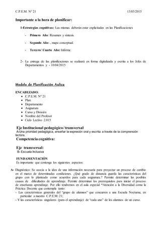C.P.E.M. N° 21 13/03/2015
Importante a la hora de planificar:
1-Estrategias cognitivas: Las mismas deberán estar explicita...