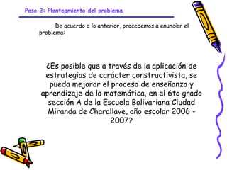 Paso 2: Planteamiento del problema

          De acuerdo a lo anterior, procedemos a enunciar el
    problema:




      ¿Es posible que a través de la aplicación de
      estrategias de carácter constructivista, se
       pueda mejorar el proceso de enseñanza y
     aprendizaje de la matemática, en el 6to grado
       sección A de la Escuela Bolivariana Ciudad
       Miranda de Charallave, año escolar 2006 -
                         2007?



                            GRADE - 13/08/03
 