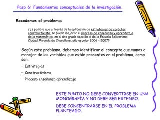 Paso 6: Fundamentos conceptuales de la investigación.


Recodemos el problema:

     ¿Es posible que a través de la aplicación de estrategias de carácter
     constructivista, se pueda mejorar el proceso de enseñanza y aprendizaje
     de la matemática, en el 6to grado sección A de la Escuela Bolivariana
     Ciudad Miranda de Charallave, año escolar 2006 - 2007?


  Según este problema, debemos identificar el concepto que vamos a
  manejar de las variables que están presentes en el problema, como
  son:
  • Estrategias
  • Constructivismo
  • Proceso enseñanza aprendizaje



                       ESTE PUNTO NO DEBE CONVERTIRSE EN UNA
                       MONOGRAFÍA Y NO DEBE SER EXTENSO.
                       DEBE CONCENTRARSE EN EL PROBLEMA
                       PLANTEADO. - 13/08/03
                              GRADE
 