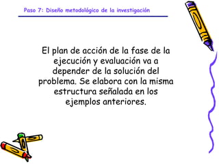 Paso 7: Diseño metodológico de la investigación




      El plan de acción de la fase de la
         ejecución y evaluación va a
         depender de la solución del
     problema. Se elabora con la misma
         estructura señalada en los
            ejemplos anteriores.




                            GRADE - 13/08/03
 