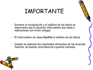 IMPORTANTE

• Durante el recopilación y el análisis de los datos es
  importante que el docente intercambie sus ideas e
  impresiones con otros colegas.

• El intercambio de ideas facilita el análisis de los datos.

• Cuando se analizan los resultados obtenidos de las diversas
  fuentes, se buscan coincidencias o puntos comunes.




                           GRADE - 13/08/03
 