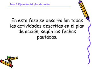 Paso 8:Ejecución del plan de acción




 En esta fase se desarrollan todas
las actividades descritas en el plan
    de acción, según las fechas
             pautadas.




                            GRADE - 13/08/03
 