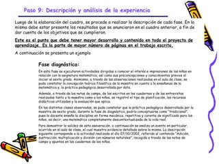 Paso 9: Descripción y análisis de la experiencia

Luego de la elaboración del cuadro, se procede a realizar la descripción de cada fase. En la
misma debe estar presente los resultados que se anunciaron en el cuadro anterior, a fin de
dar cuenta de los objetivos que se cumplieron.
Este es el punto que debe tener mayor desarrollo y contenido en todo el proyecto de
aprendizaje. Es la parte de mayor número de páginas en el trabajo escrito.
A continuación se presenta un ejemplo

            Fase diagnóstica:
            En esta fase se ejecutaron actividades dirigidas a conocer el interés e impresiones de los niños en
            relación con la asignatura matemática, así como sus preconcepciones y conocimientos previos al
            iniciar el sexto grado. Asimismo, a través de las observaciones realizadas en el aula de clase, se
            pudo constatar la concepción teórica filosófica de la maestra en cuanto a la enseñanza de la
            matemática y, la práctica pedagógica desarrollada por ésta.
            Además, a través de las notas de campo, de los escritos en los cuadernos y de las entrevistas
            realizadas tanto a la maestra como a los niños, se registró el tipo de planificación, los recursos
            didácticos utilizados y la evaluación que aplica.
            En las distintas clases observadas, se pudo constatar que la práctica pedagógica desarrollada por la
            maestra de sexto grado, durante la fase de diagnóstico, podría conceptuarse como “tradicional”,
            pues la docente enseña la disciplina en forma mecánica, repetitiva y carente de significado para los
            niños, es decir, una matemática completamente descontextualizada de la vida real.
            Para demostrar la validez de esta aseveración, a continuación se analiza un evento en particular,
            ocurrido en el aula de clase, el cual muestra evidencia detallada sobre la misma. La descripción
            siguiente corresponde a la actividad realizada el día 07/10/2002, referida al contenido “Adición,
            sustracción, multiplicación y división con números naturales”, recogida a través de las notas de
            campo y apuntes en los cuadernos de los niños.


                                                     GRADE - 13/08/03
 