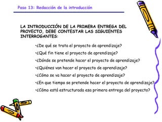 Paso 13: Redacción de la introducción



 LA INTRODUCCIÓN DE LA PRIMERA ENTREGA DEL
 PROYECTO, DEBE CONTESTAR LAS SIGUIENTES
 INTERROGANTES:

        •¿De qué se trata el proyecto de aprendizaje?
        •¿Qué fin tiene el proyecto de aprendizaje?
        •¿Dónde se pretende hacer el proyecto de aprendizaje?
        •¿Quiénes van hacer el proyecto de aprendizaje?
        •¿Cómo se va hacer el proyecto de aprendizaje?
        •¿En que tiempo se pretende hacer el proyecto de aprendizaje?
        •¿Cómo está estructurada esa primera entrega del proyecto?




                            GRADE - 13/08/03
 