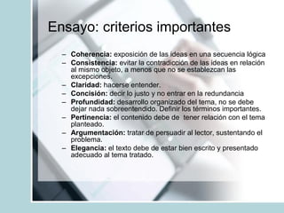 Ensayo: criterios importantes
– Coherencia: exposición de las ideas en una secuencia lógica
– Consistencia: evitar la contradicción de las ideas en relación
al mismo objeto, a menos que no se establezcan las
excepciones.
– Claridad: hacerse entender.
– Concisión: decir lo justo y no entrar en la redundancia
– Profundidad: desarrollo organizado del tema, no se debe
dejar nada sobreentendido. Definir los términos importantes.
– Pertinencia: el contenido debe de tener relación con el tema
planteado.
– Argumentación: tratar de persuadir al lector, sustentando el
problema.
– Elegancia: el texto debe de estar bien escrito y presentado
adecuado al tema tratado.
 