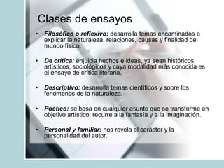 Clases de ensayos
• Filosófico o reflexivo: desarrolla temas encaminados a
explicar la naturaleza, relaciones, causas y finalidad del
mundo físico.
• De crítica: enjuicia hechos e ideas, ya sean históricos,
artísticos, sociológicos y cuya modalidad más conocida es
el ensayo de crítica literaria.
• Descriptivo: desarrolla temas científicos y sobre los
fenómenos de la naturaleza.
• Poético: se basa en cualquier asunto que se transforme en
objetivo artístico; recurre a la fantasía y a la imaginación.
• Personal y familiar: nos revela el carácter y la
personalidad del autor.
 