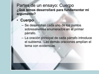 Partes de un ensayo: Cuerpo
¿Que temas desarrollaré para fundamentar mi
argumento?
• Cuerpo
– Se desarrollan cada uno de los puntos
sobresalientes enumerados en el primer
párrafo.
– La oración principal de cada párrafo introduce
el subtema. Las demás oraciones amplían el
tema con evidencias.
 
