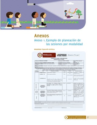37Guía para la implementación de la
Jornada Escolar Complementaria
Anexo 1.	Ejemplo de planeación de
las sesiones por modalidad
Anexos
Modalidad: Expresión Artística
ANEXOS
 