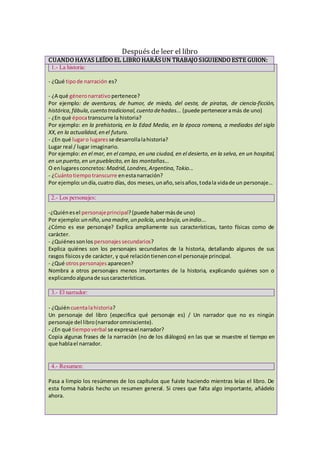 Después de leer el libro
CUANDO HAYAS LEÍDO EL LIBRO HARÁSUN TRABAJO SIGUIENDO ESTE GUION:
1.- La historia:
- ¿Qué tipode ...