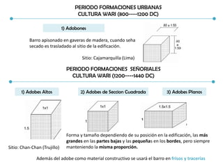 PERIODO FORMACIONES URBANAS
CULTURA WARI (800----1200 DC)
1) Adobones
Barro apisonado en gaveras de madera, cuando seha
secado es trasladado al sitio de la edificación.
Sitio: Cajamarquilla (Lima)
PERIODO FORMACIONES SEÑORIALES
CULTURA WARI (1200----1440 DC)
1) Adobes Altos 2) Adobes de Seccion Cuadrada 3) Adobes Planos
Forma y tamaño dependiendo de su posición en la edificación, las más
grandes en las partes bajas y las pequeñas en los bordes, pero siempre
manteniendo la misma proporción.Sitio: Chan-Chan (Trujillo)
Además del adobe como material constructivo se usará el barro en frisos y tracerías
 