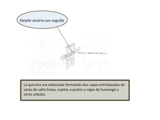 Detalle amarre con soguilla
La quincha era elaborada formando dos capas entrelazadas de
varas de caña brava, sujetas a postes y vigas de huarango y
otros arboles.
 