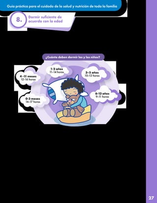 Guía práctica para el cuidado de la salud y nutrición de toda la familia
27
8.
Estar menos tiempo sentados, más activos y dormir suficiente nos ayuda a sentirnos bien en el presente
y futuro. Aunque no parezca que exista una relación, dormir bien ayuda a prevenir el sobrepeso y la
obesidad. Por ello, en conjunto con las anteriores recomendaciones, es importante que entre todos
nos ayudemos a desarrollar buenos hábitos de sueño desde una edad temprana.
•Mantengamos una hora fija para irnos a la
cama todos los días.
•Hagamos que la hora de irse a la cama
sea una experiencia positiva y relajante,
dejando de ver televisión temprano y de
jugar videojuegos antes de acostarnos ya
que esto puede interferir con la habilidad
para dormirnos y mantenernos dormidos.
•El momento de ir a dormir debe tener poca
luz y una temperatura adecuada en el
cuarto en el que duermen los niños y niñas.
•Es importante que niñas y niños se duerman
por sí solos, ayudará a que se vuelvan a
dormir en caso de despertarse durante la
noche.
Sugerencia de rutina diaria antes de irse a
dormir:
•Preparar una merienda liviana saludable y nutritiva
•Un breve baño y ponerse ropa cómoda pueden ayudar a dormir.
•Lavarse los dientes antes de dormir.
•En la medida de lo posible, leer un cuento o historia o
platicar un momento antes de dormir.
•Despedirse antes de salir de la habitación, ideal cuando
sigan despiertos.
Ahora proponemos el siguiente reto:
•Todas y todos cepíllense bien los dientes.
•Asegúrense de ir al baño antes de ir a la cama y lavarse
las manos.
•Ya que estén en la cama, papá, mamá y/o cuidador lean
uno de sus libros favoritos (o dos) por 15 o más minutos.
•Den un beso de las buenas noches.
Estos consejos prácticos pueden ayudarnos
a desarrollar buenos hábitos de sueño
desde temprana edad:
¿Cuánto deben dormir las y los niños?
0-3 meses
14-17 horas
4 -11 meses
12-16 horas
1-2 años
1
1-14 horas 3–5 años
10-13 horas
6-13 años
9-1
1 horas
 