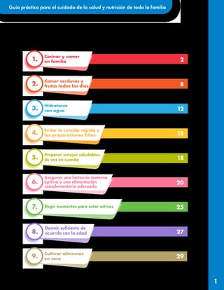 Guía práctica para el cuidado de la salud y nutrición de toda la familia
1
Esta guía se divide en nueve recomendaciones desarrolladas por UNICEF México
para mantenernos saludables durante y después del COVID-19:
Cocinar y comer
en familia
1.
Comer verduras y
frutas todos los días
2.
Hidratarse
con agua
3.
Evitar la comida rápida y
las preparaciones fritas
4.
Preparar antojos saludables
de vez en cuando
5.
Asegurar una lactancia materna
óptima y una alimentación
complementaria adecuada
6.
Elegir momentos para estar activos
7.
Cultivar alimentos
en casa
9.
acuerdo con la edad
8.
2
8
12
15
18
20
25
27
29
 