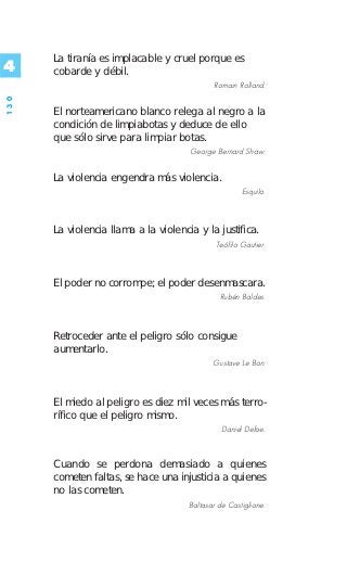 La tiranía es implacable y cruel porque es
4     cobarde y débil.
                                             Romain Rolland.
130




      El norteamericano blanco relega al negro a la
      condición de limpiabotas y deduce de ello
      que sólo sirve para limpiar botas.
                                      George Bernard Shaw.


      La violencia engendra más violencia.
                                                      Esquilo.



      La violencia llama a la violencia y la justifica.
                                              Teófilo Gautier.



      El poder no corrompe; el poder desenmascara.
                                               Rubén Baldes.



      Retroceder ante el peligro sólo consigue
      aumentarlo.
                                             Gustave Le Bon.



      El miedo al peligro es diez mil veces más terro-
      rífico que el peligro mismo.
                                                Daniel Defoe.



      Cuando se perdona demasiado a quienes
      cometen faltas, se hace una injusticia a quienes
      no las cometen.
                                      Baltasar de Castiglione.
 