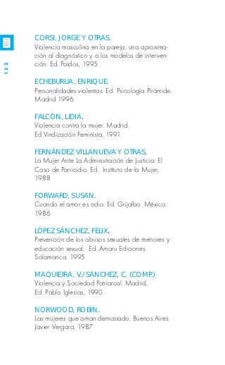 CORSI, JORGE Y OTRAS.
      Violencia masculina en la pareja: una aproxima-
      ción al diagnóstico y a los modelos de interven-
      ción. Ed. Paidos, 1995
152




      ECHEBURUA, ENRIQUE.
      Personalidades violentas. Ed. Psicología Pirámide.
      Madrid 1996.

      FALCÓN, LIDIA.
      Violencia contra la mujer. Madrid.
      Ed.Vindicación Feminista, 1991

      FERNÁNDEZ VILLANUEVA Y OTRAS.
      La Mujer Ante La Administración de Justicia: El
      Caso de Parricidio. Ed. Instituto de la Mujer,
      1988

      FORWARD, SUSAN.
      Cuando el amor es odio. Ed. Grijalbo. México.
      1986

      LÓPEZ SÁNCHEZ, FELIX.
      Prevención de los abusos sexuales de menores y
      educación sexual. Ed. Amaru Ediciones.
      Salamanca. 1995

      MAQUIEIRA, V./SÁNCHEZ, C. (COMP.)
      Violencia y Sociedad Patriarcal. Madrid,
      Ed. Pablo Iglesias, 1990

      NORWOOD, ROBIN.
      Las mujeres que aman demasiado. Buenos Aires.
      Javier Vergara, 1987
 