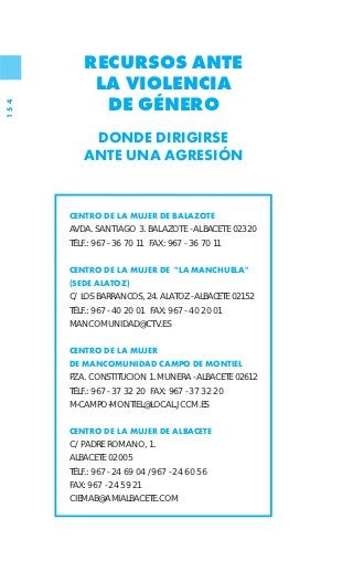 RECURSOS ANTE
           LA VIOLENCIA
            DE GÉNERO
154




          DONDE DIRIGIRSE
         ANTE UNA AGRESIÓN


      CENTRO DE LA MUJER DE BALAZOTE
      AVDA. SANTIAGO 3. BALAZOTE - ALBACETE 02320
      TÉLF.: 967 - 36 70 11 FAX: 967 - 36 70 11


      CENTRO DE LA MUJER DE "LA MANCHUELA"
      (SEDE ALATOZ)
      C/ LOS BARRANCOS, 24. ALATOZ - ALBACETE 02152
      TÉLF.: 967 - 40 20 01 FAX: 967 - 40 20 01
      MANCOMUNIDAD@CTV.ES


      CENTRO DE LA MUJER
      DE MANCOMUNIDAD CAMPO DE MONTIEL
      PZA. CONSTITUCION 1. MUNERA - ALBACETE 02612
      TÉLF.: 967 - 37 32 20 FAX: 967 - 37 32 20
      M-CAMPO-MONTIEL@LOCAL.JCCM.ES


      CENTRO DE LA MUJER DE ALBACETE
      C/ PADRE ROMANO, 1.
      ALBACETE 02005
      TÉLF.: 967 - 24 69 04 /967 - 24 60 56
      FAX: 967 - 24 59 21
      CIEMAB@AMIALBACETE.COM
 