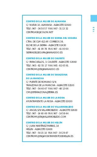 CENTRO DE LA MUJER DE ALMANSA
C/ NUEVA 10. ALMANSA - ALBACETE 02640




                                              155
TÉLF.: 967 - 34 50 57 FAX: 967 - 31 13 32
CENTROASE@COLON.NET

CENTRO DE LA MUJER DE SIERRA DEL SEGURA
CTRA. DE CLM 412 AP. CORREOS 38.
ELCHE DE LA SIERRA - ALBACETE 02430
TÉLF.: 967 - 41 09 78 FAX: 967 - 41 00 60
SIERRADELSEGURA@WANADOO.ES

CENTRO DE LA MUJER DE CAUDETE
C/ PARACUELLOS, 3. CAUDETE - ALBACETE 02660
TÉLF.: 965 - 82 55 17 FAX: 965 - 82 65 91
CENTROMUJER@WANADOO.ES

CENTRO DE LA MUJER DE TARAZONA
DE LA MANCHA
C/ PUENTE DE ROMANO S/N
TARAZONA DE LA MANCHA - ALBACETE 02100
TÉLF.: 967 - 54 40 47 FAX: 967 - 48 13 66
CMUJERTARAZONA@TERRA.ES

CENTRO DE LA MUJER DE LA RODA
AYUNTAMIENTO LA RODA - ALBACETE 02630

CENTRO DE LA MUJER DE VILLARROBLEDO
C/ ANGEL S/NVILLARROBLEDO - ALBACETE 02600
TÉLF.: 967 - 14 60 49 FAX: 967 - 14 58 44
CENTROMUJER@VILLARROBLEDO.COM

CENTRO DE LA MUJER DE HELLÍN
C/ JUAN MARTÍNEZ PARRAS, 14
HELLÍN - ALBACETE 02400
TÉLF.: 967 - 54 15 10 FAX: 967 - 30 29 47
CENTROMUJER@AYUNTAMIENTODEHELLIN.ES
 