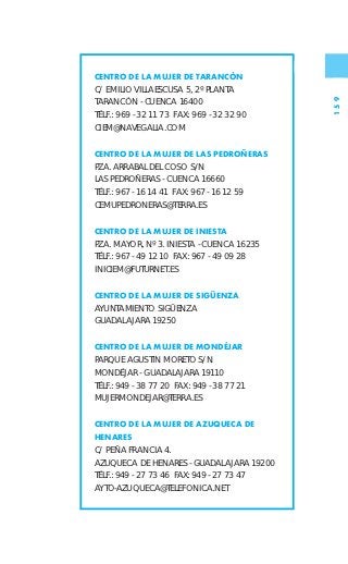CENTRO DE LA MUJER DE TARANCÓN
C/ EMILIO VILLAESCUSA 5, 2º PLANTA




                                            159
TARANCÓN - CUENCA 16400
TÉLF.: 969 - 32 11 73 FAX: 969 - 32 32 90
CIEM@NAVEGALIA.COM


CENTRO DE LA MUJER DE LAS PEDROÑERAS
PZA. ARRABAL DEL COSO S/N
LAS PEDROÑERAS - CUENCA 16660
TÉLF.: 967 - 16 14 41 FAX: 967 - 16 12 59
CEMUPEDRONERAS@TERRA.ES


CENTRO DE LA MUJER DE INIESTA
PZA. MAYOR, Nº 3. INIESTA - CUENCA 16235
TÉLF.: 967 - 49 12 10 FAX: 967 - 49 09 28
INICIEM@FUTURNET.ES


CENTRO DE LA MUJER DE SIGÜENZA
AYUNTAMIENTO SIGÜENZA
GUADALAJARA 19250


CENTRO DE LA MUJER DE MONDÉJAR
PARQUE AGUSTIN MORETO S/N
MONDÉJAR - GUADALAJARA 19110
TÉLF.: 949 - 38 77 20 FAX: 949 - 38 77 21
MUJERMONDEJAR@TERRA.ES


CENTRO DE LA MUJER DE AZUQUECA DE
HENARES
C/ PEÑA FRANCIA 4.
AZUQUECA DE HENARES - GUADALAJARA 19200
TÉLF.: 949 - 27 73 46 FAX: 949 - 27 73 47
AYTO-AZUQUECA@TELEFONICA.NET
 