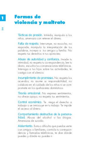 1    Formas de
     violencia y maltrato
28




      Tácticas de presión. Intimida, manipula a los
      niños, amenaza con retener el dinero.
      Falta de respeto. Interrumpe, no escucha, no
      responde, manipula la interpretación de tus
      palabras, increpa a tus amigos y familia. No
      respeta tus derechos ni tus opiniones.
      Abuso de autoridad y confianza. Invade tu
      intimidad, no respeta tu correspondencia, lee tu
      diario, escucha tus conversaciones telefónicas.
      Interroga a tus hijos sobre tus actividades, te
      castiga con el silencio.
      Incumplimiento de promesas. No respeta los
      acuerdos, no asume su responsabilidad, no
      colabora en el cuidado de los niños ni se com-
      promete en los quehaceres domésticos.
      Tiranía emocional. No expresa sentimientos,
      no ofrece apoyo, no respeta tus sentimientos.
      Control económico. Te niega el derecho a
      trabajar o se inmiscuye en tu trabajo. Te impide
      el acceso al dinero.
      Comportamiento destructivo de la persona-
      lidad. Abusa del alcohol o las drogas.
      Amenazas de suicidio.
      Aislamiento. Evita o dificulta que puedas verte
      con amigos o familiares, controla tu correspon-
      dencia y llamadas telefónicas, te dice dónde
      puedes y dónde no puedes ir.
 