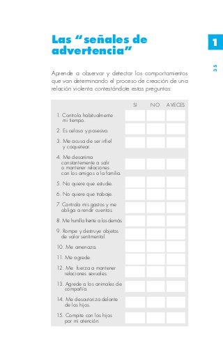 Las “señales de                                          1
advertencia”




                                                         35
Aprende a observar y detectar los comportamientos
que van determinando el proceso de creación de una
relación violenta contestándote estas preguntas:

                                     SI   NO   A VECES
 1. Controla habitualmente
    mi tiempo.
 2. Es celoso y posesivo.
 3. Me acusa de ser infiel
    y coquetear.
 4. Me desanima
   constantemente a salir
   o mantener relaciones
   con los amigos o la familia.
 5. No quiere que estudie.
 6. No quiere que trabaje.
 7. Controla mis gastos y me
    obliga a rendir cuentas.
 8. Me humilla frente a los demás.
 9. Rompe y destruye objetos
   de valor sentimental.
 10. Me amenaza.
 11. Me agrede.
 12. Me fuerza a mantener
     relaciones sexuales.
 13. Agrede a los animales de
     compañía.
 14. Me desautoriza delante
     de los hijos.
 15. Compite con los hijos
     por mi atención.
 