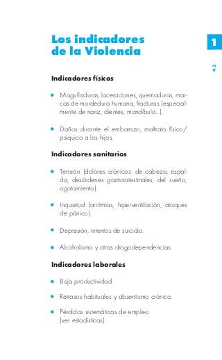 Los indicadores                                     1
de la Violencia




                                                    43
Indicadores físicos

  Magulladuras, laceraciones, quemaduras, mar-
  cas de mordedura humana, fracturas (especial-
  mente de nariz, dientes, mandíbula...).

  Daños durante el embarazo, maltrato físico/
  psíquico a los hijos.

Indicadores sanitarios

  Tensión (dolores crónicos: de cabeza, espal-
  da, desórdenes gastrointestinales, del sueño,
  agotamiento).

  Inquietud (arritmias, hiperventilación, ataques
  de pánico).

  Depresión, intentos de suicidio.

  Alcoholismo y otras drogodependencias.

Indicadores laborales

  Baja productividad.

  Retrasos habituales y absentismo crónico.

  Pérdidas sistemáticas de empleo
  (ver estadísticas).
 
