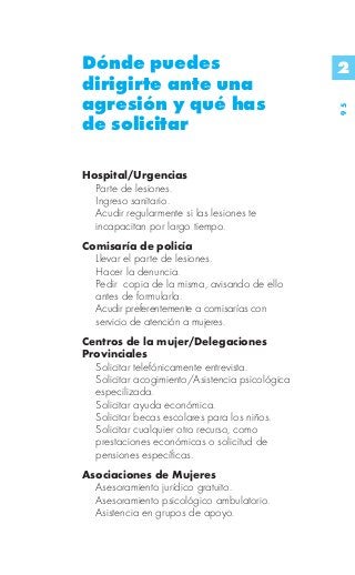 Dónde puedes                                     2
dirigirte ante una
agresión y qué has




                                                 95
de solicitar

Hospital/Urgencias
  Parte de lesiones.
  Ingreso sanitario.
  Acudir regularmente si las lesiones te
  incapacitan por largo tiempo.
Comisaría de policía
  Llevar el parte de lesiones.
  Hacer la denuncia.
  Pedir copia de la misma, avisando de ello
  antes de formularla.
  Acudir preferentemente a comisarías con
  servicio de atención a mujeres.
Centros de la mujer/Delegaciones
Provinciales
  Solicitar telefónicamente entrevista.
  Solicitar acogimiento/Asistencia psicológica
  especilizada.
  Solicitar ayuda económica.
  Solicitar becas escolares para los niños.
  Solicitar cualquier otro recurso, como
  prestaciones económicas o solicitud de
  pensiones específicas.
Asociaciones de Mujeres
  Asesoramiento jurídico gratuito.
  Asesoramiento psicológico ambulatorio.
  Asistencia en grupos de apoyo.
 