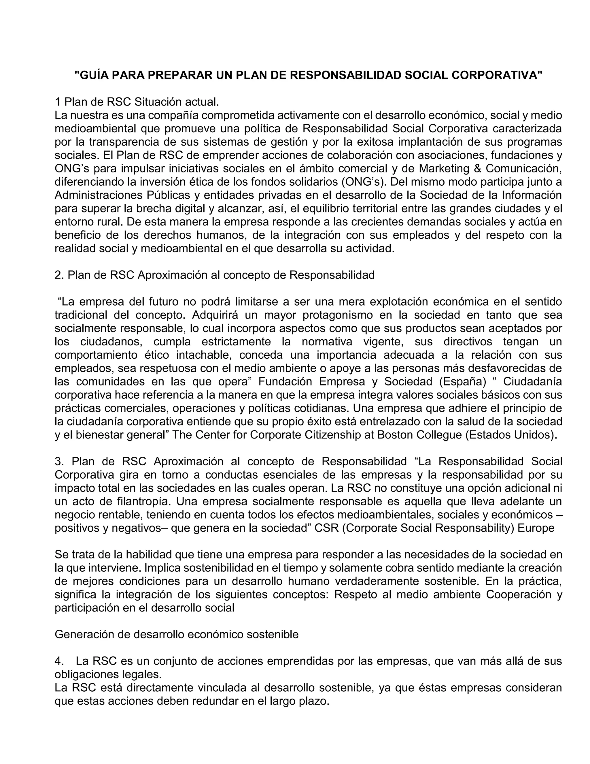 Plan De Rsc Guía para preparar un plan de responsabilidad social corporativa | PDF